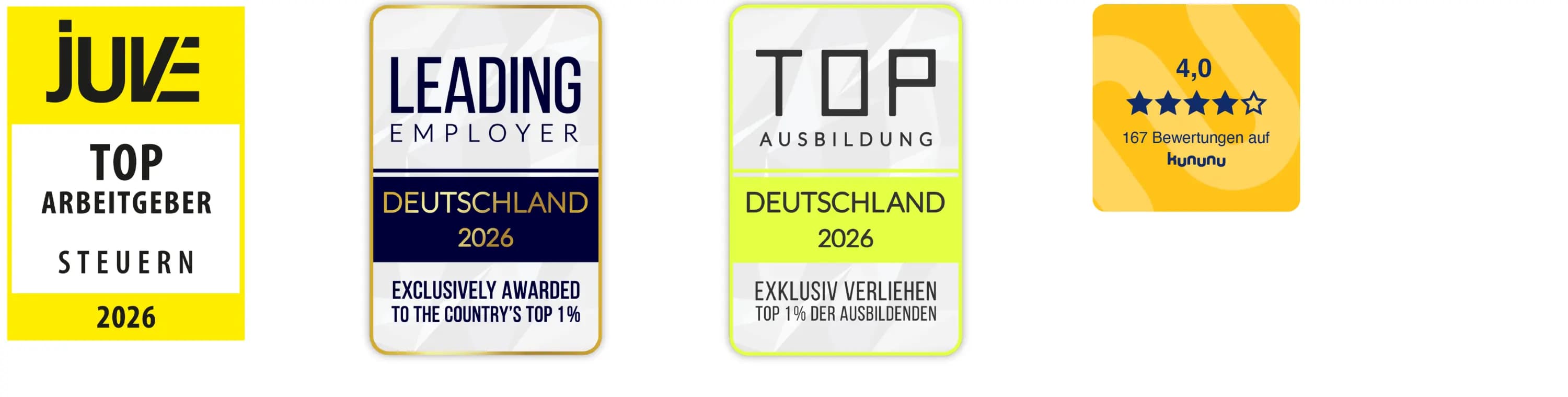 Siegel 2026: JUVE Top Arbeitgeber Steuern, LEADING EMPLOYER Deutschland, TOP AUSBILDUNG Deutschland und kununu-Bewertung 4,0