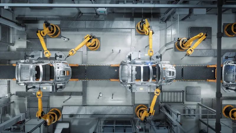 Industrieroboter bearbeiten Autokarosserien an einer Fertigungsstraße, Ansicht von oben